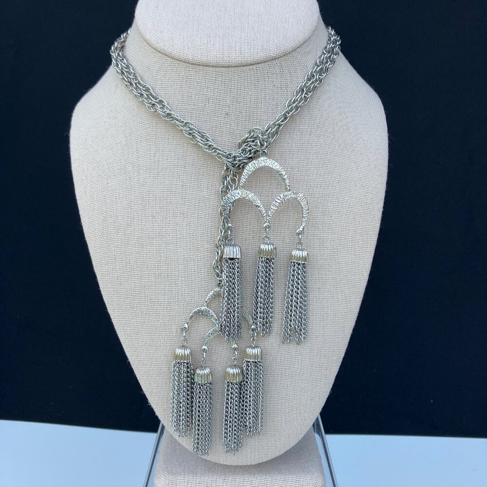 Silver Large Link Sautior Lariat Tassel Necklace